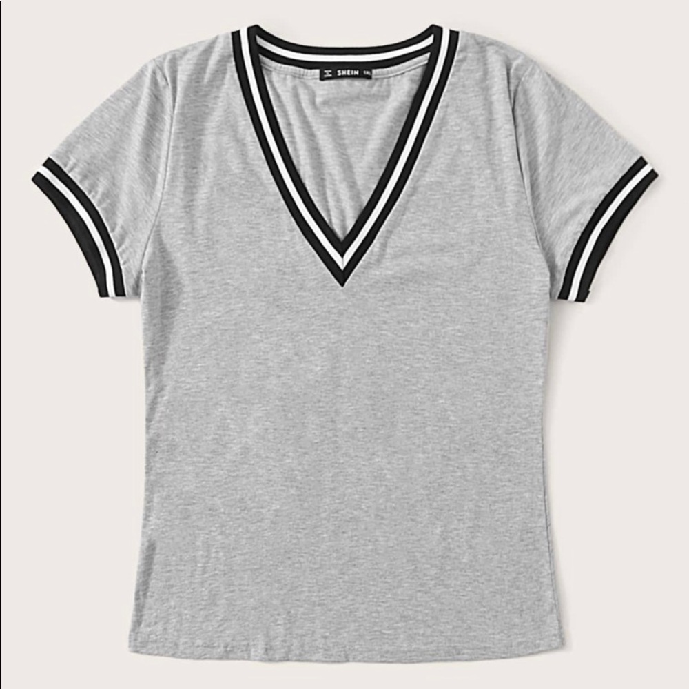 SHEIN Plus Striped Trim Heather Knit Tee